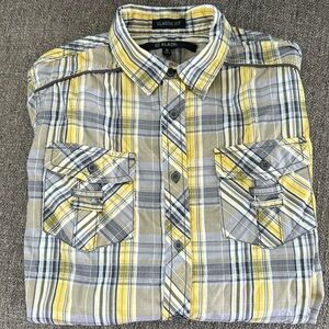 CJ Black Men’s Yellow White Black Plaid Button Down Shirt